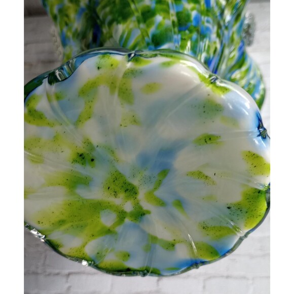 Vintage Fenton Adventurine Glass Basket: Blue, Green, & White Swirl - Picture 3 of 5